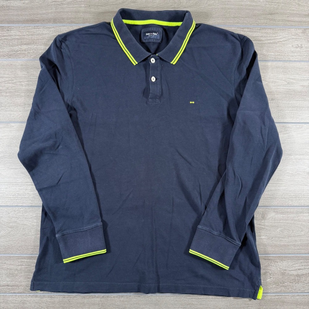 Eden Park Paris Long Sleeve Polo XL Navy Blue Neon Tipped Cotton Pique Shirt